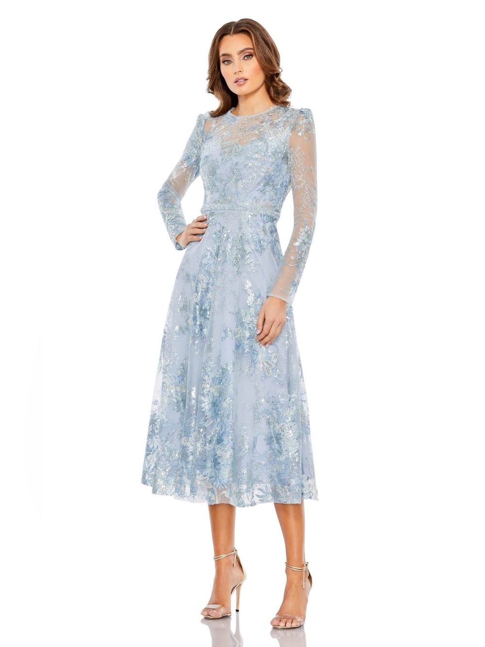 MAC DUGGAL 68020 Blue Embellished Illusion Long Sleeve Midi Dress Sz 16 $698